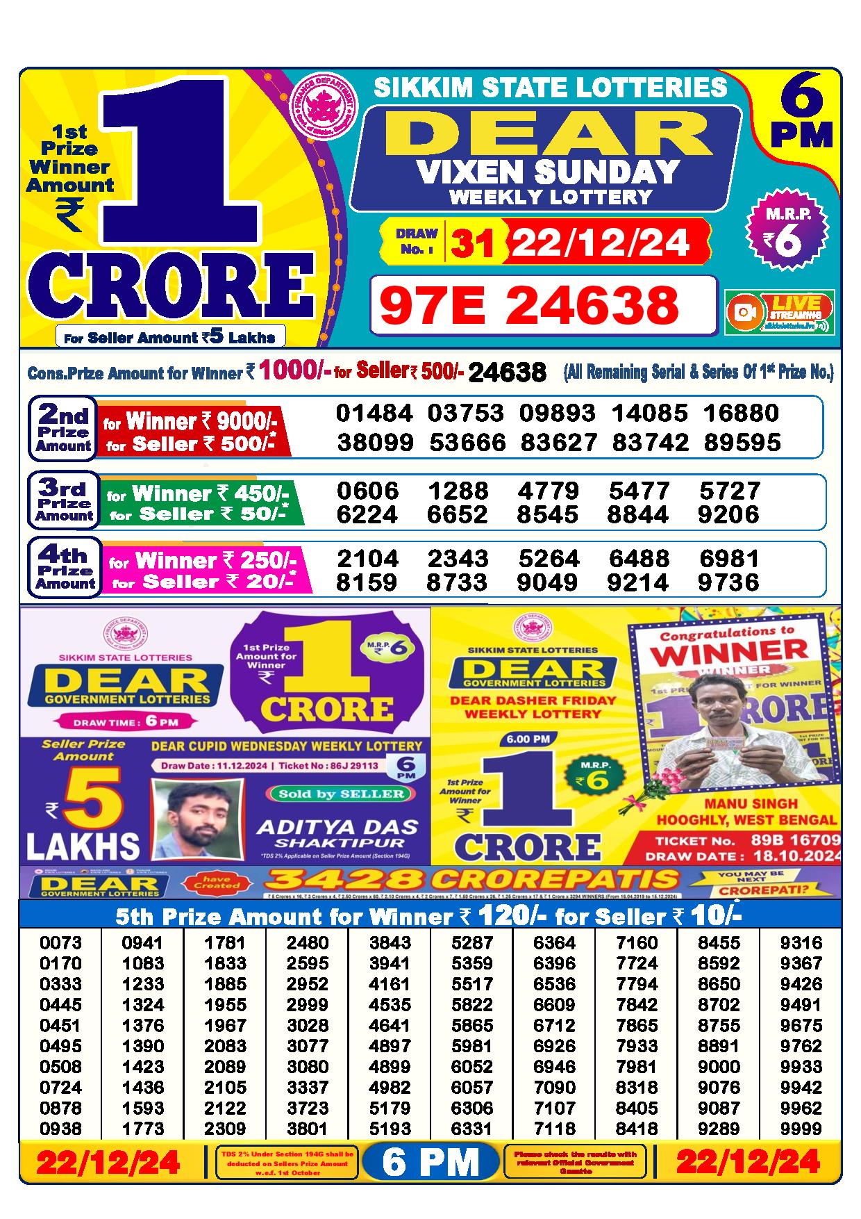 6 PM Lottery Result
