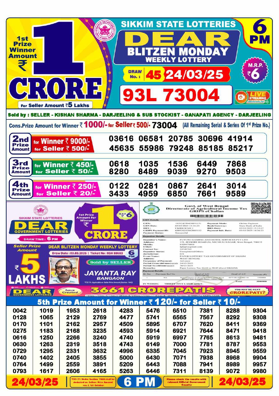 Lottery Sambad 6PM Result 23-03-2025