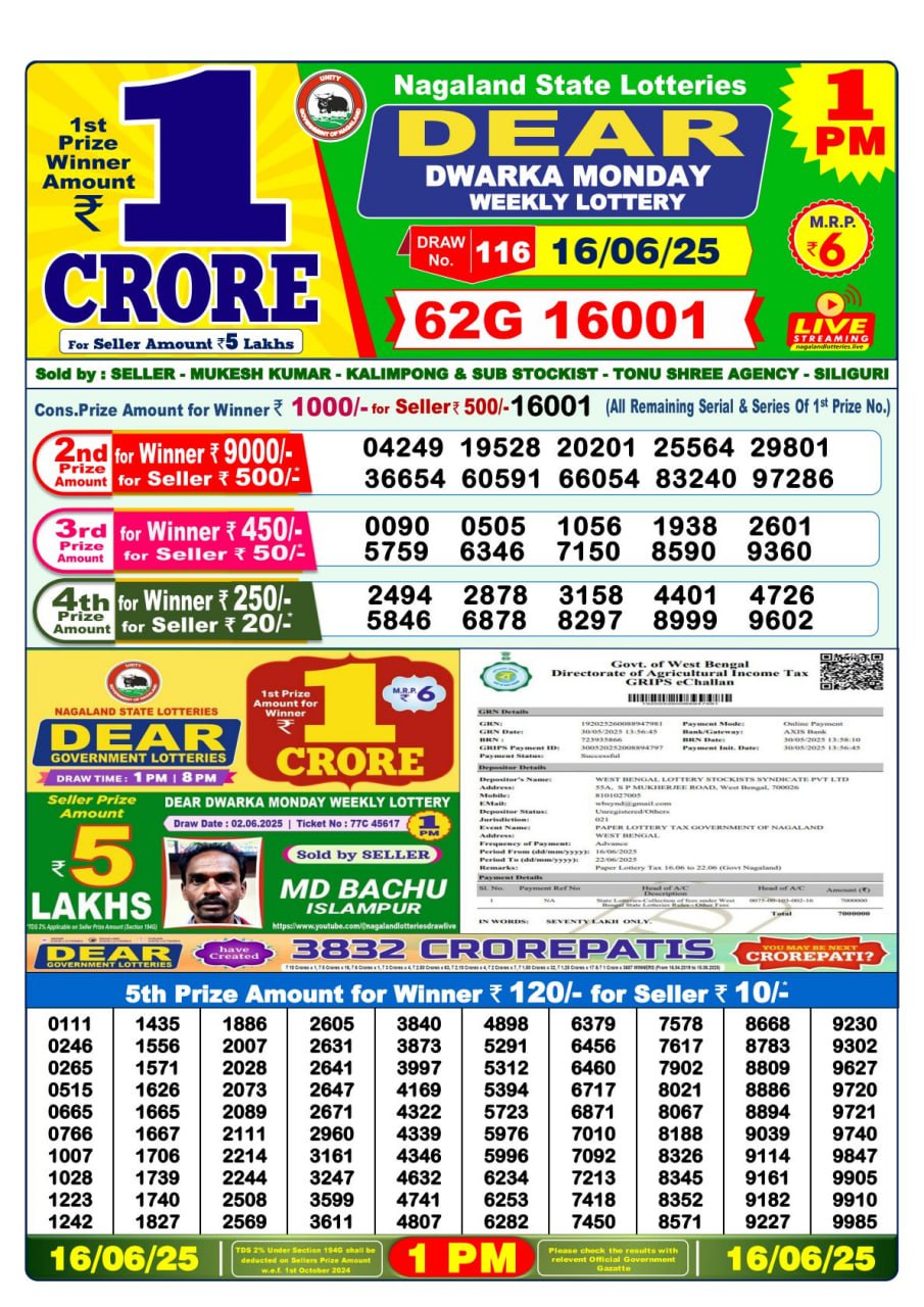 1 PM Lottery Result