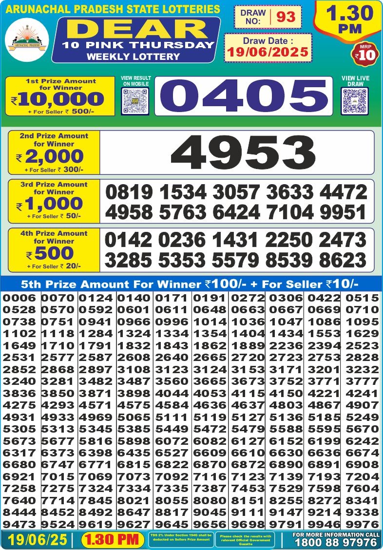 Dear 10 1.30 PM Lottery Result 26/03/25 - Nagaland State Lottery Sambad