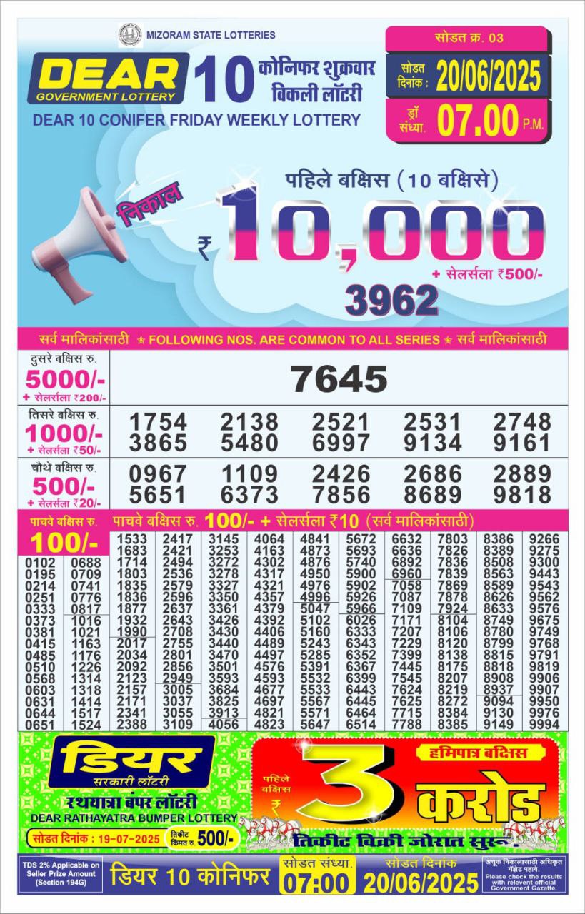 Nagaland State Lottery Dear 10 7 PM Result 26/03/25