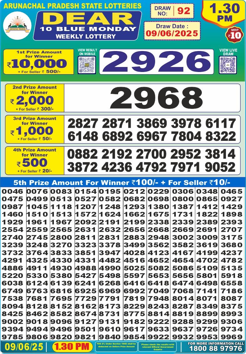 Dear 10 1.30 PM Lottery Result 26/03/25 - Nagaland State Lottery Sambad