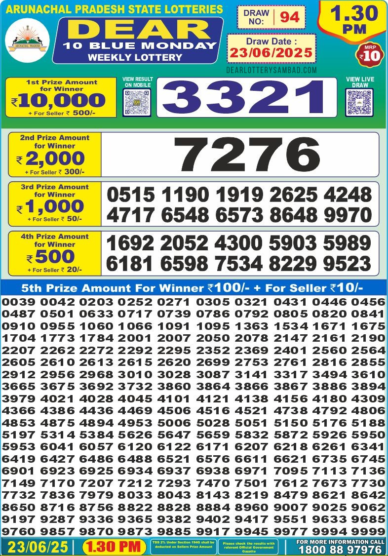 Dear 10 1.30 PM Lottery Result 26/03/25 - Nagaland State Lottery Sambad