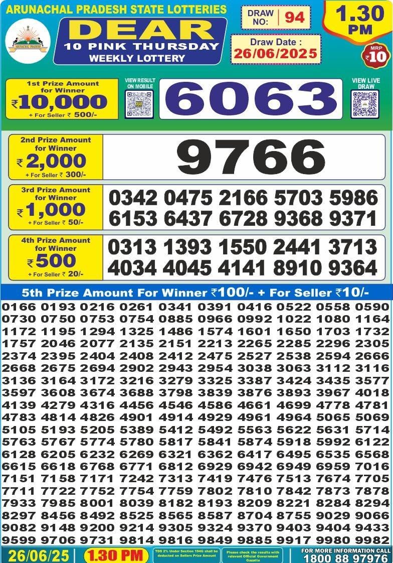 Dear 10 1.30 PM Lottery Result 26/03/25 - Nagaland State Lottery Sambad