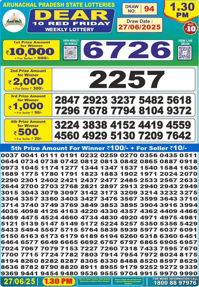 Dear 10 1.30 PM Lottery Result 26/03/25 - Nagaland State Lottery Sambad