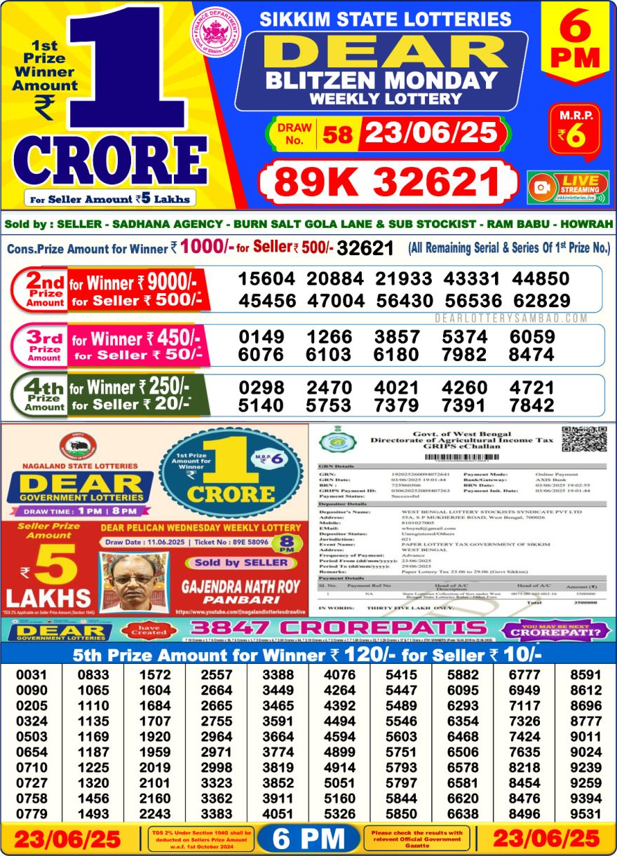 Dear Lottery Result Today 6PM 26/03/25 - 6 PM Lottery Sambad Result