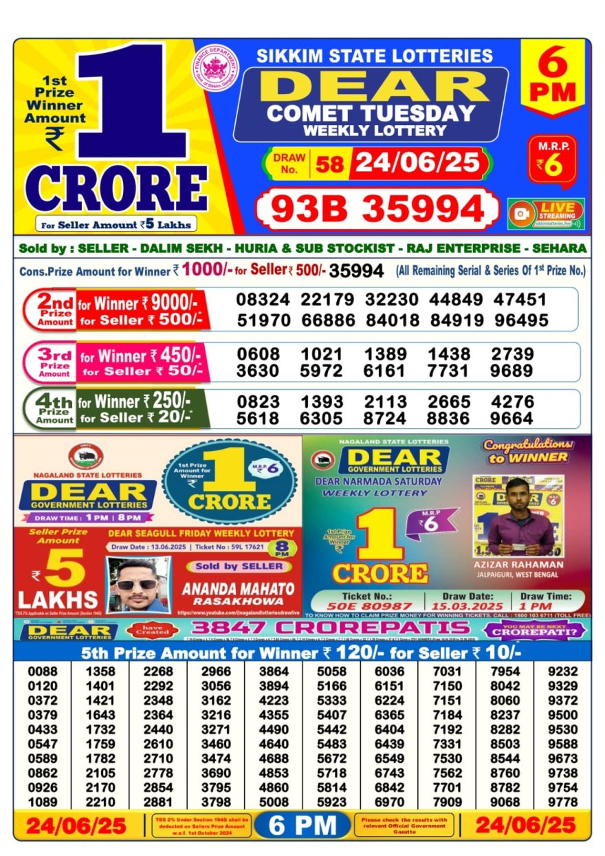 Dear Lottery Result Today 6PM 26/03/25 - 6 PM Lottery Sambad Result