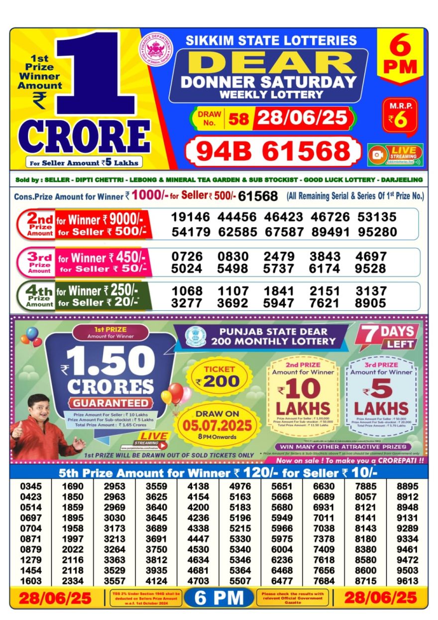 Dear Lottery Result Today 6PM 26/03/25 - 6 PM Lottery Sambad Result