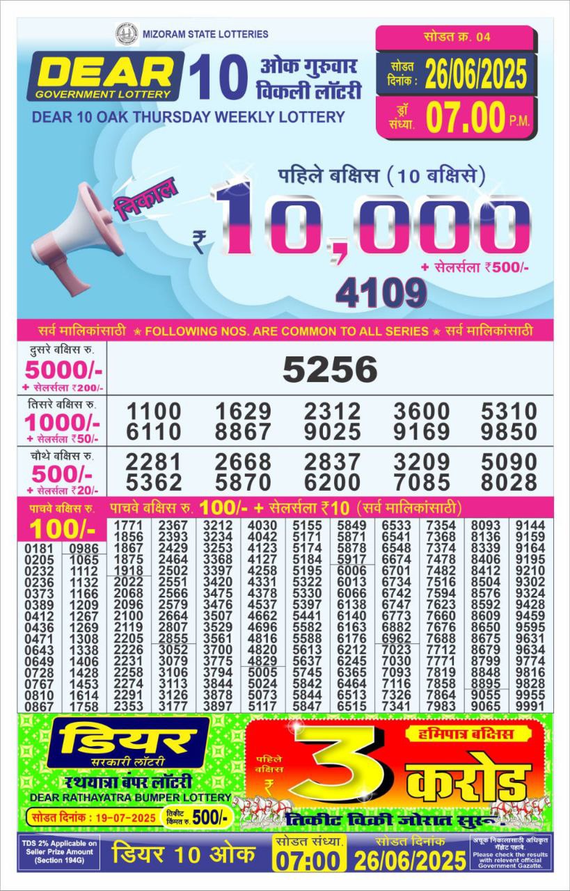 Nagaland State Lottery Dear 10 7 PM Result 26/03/25