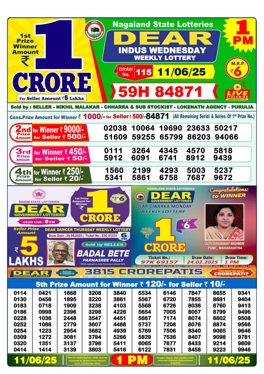 Dear Lottery 1 PM Result – Live Draw Image